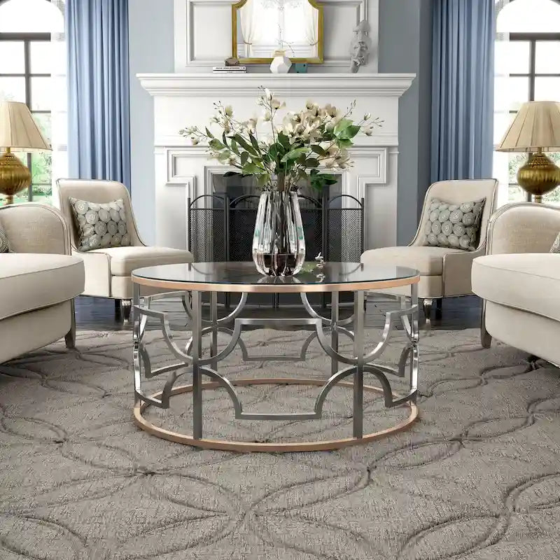 DH BASIC Modern Style Chrome and Gold Round Open Coffee Table by Denhour