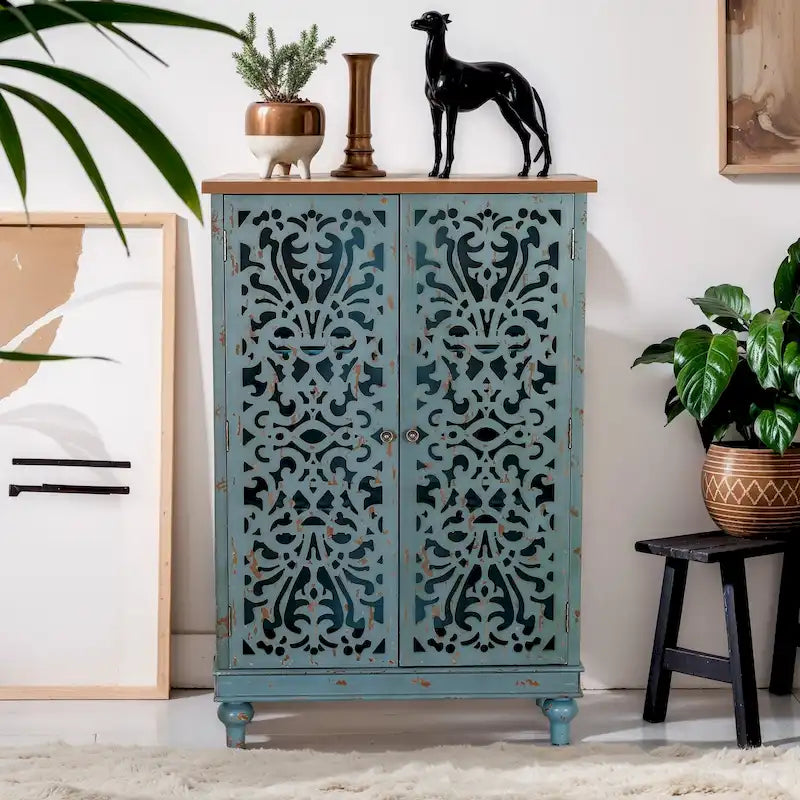2-Door Retro Antique Hollow-Carved Storage Cabinet