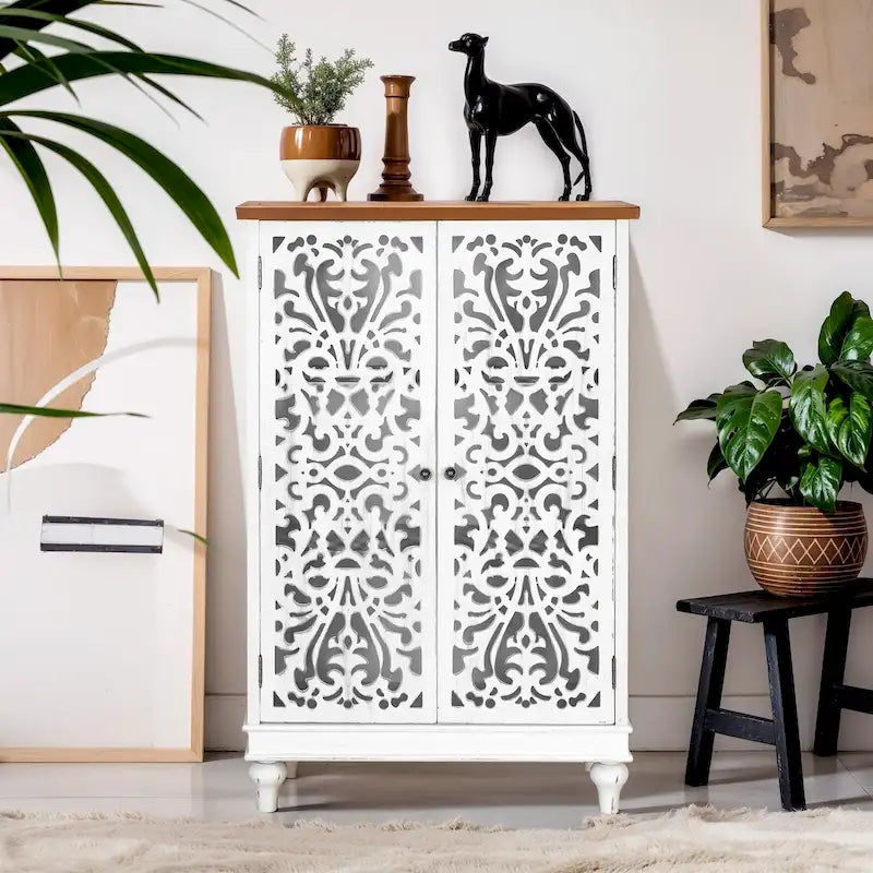 2-Door Retro Antique Hollow-Carved Storage Cabinet