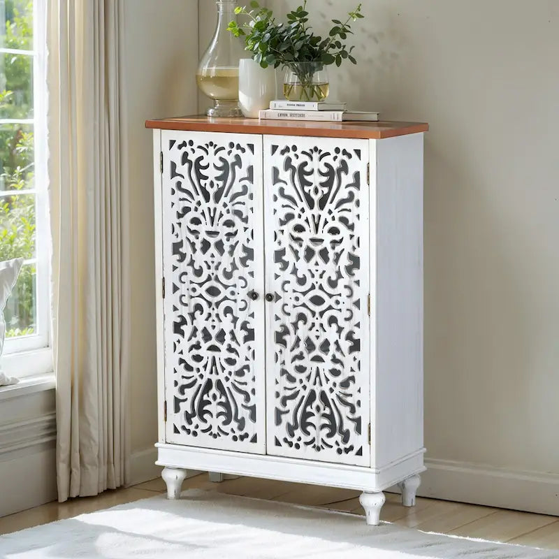 2-Door Retro Antique Hollow-Carved Storage Cabinet