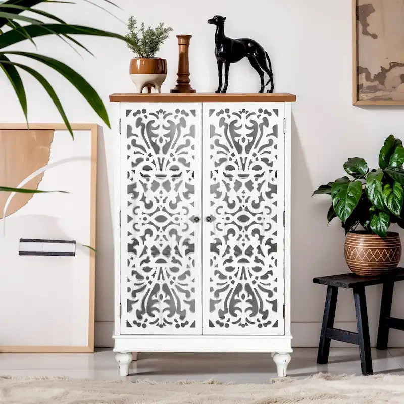 2-Door Retro Antique Hollow-Carved Storage Cabinet