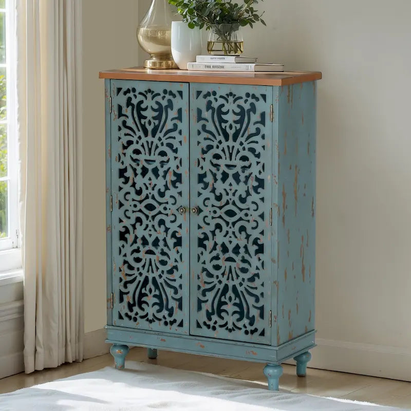 2-Door Retro Antique Hollow-Carved Storage Cabinet