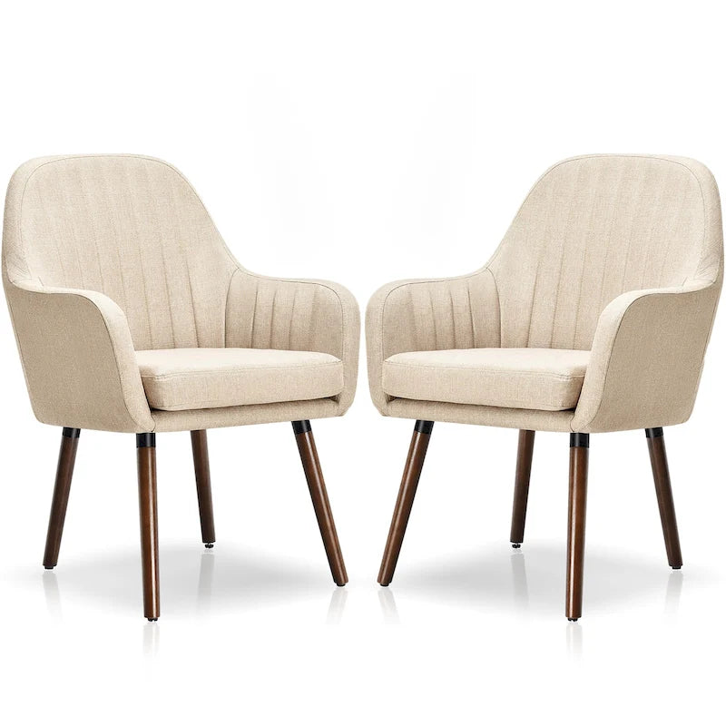 Set of 2 Fabric Dining Chairs Upholstered Arm Chair with Wood Legs