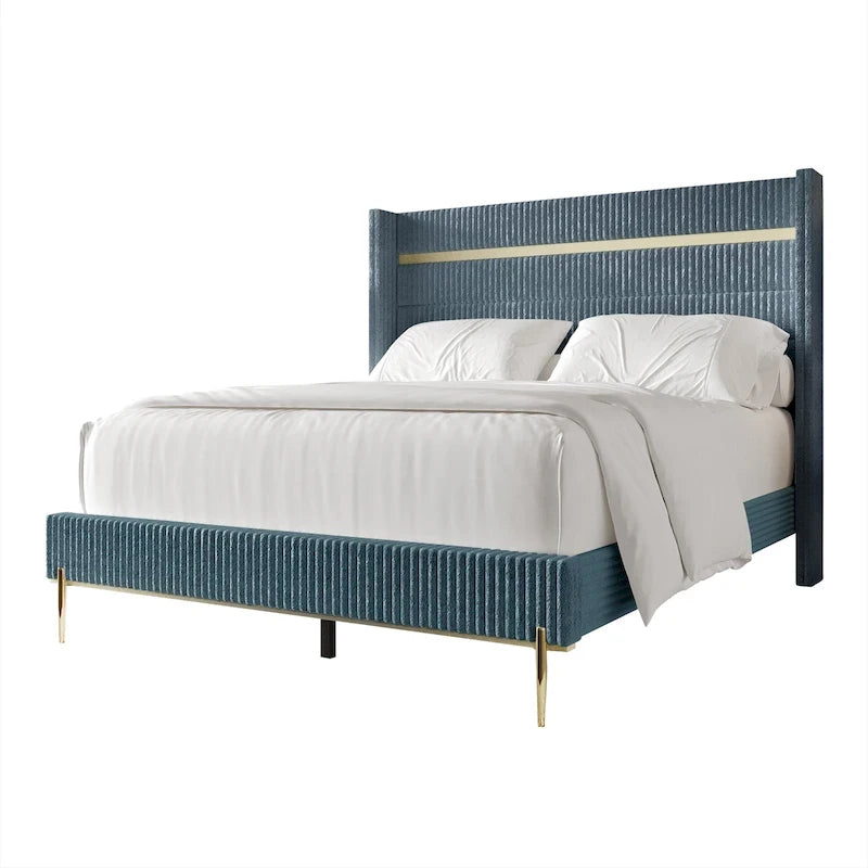 Corduroy Luxurious Gold PU Strip Wingback Velvet Upholstered Bed