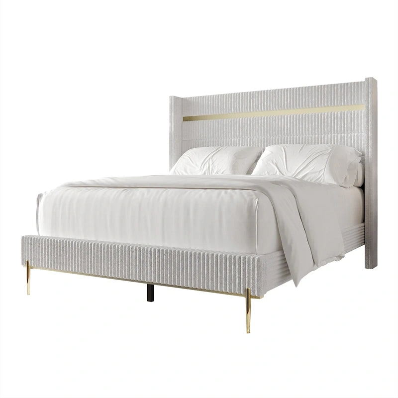 Corduroy Luxurious Gold PU Strip Wingback Velvet Upholstered Bed