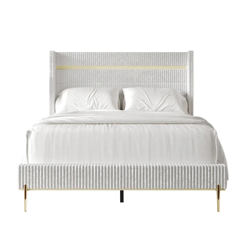Corduroy Luxurious Gold PU Strip Wingback Velvet Upholstered Bed