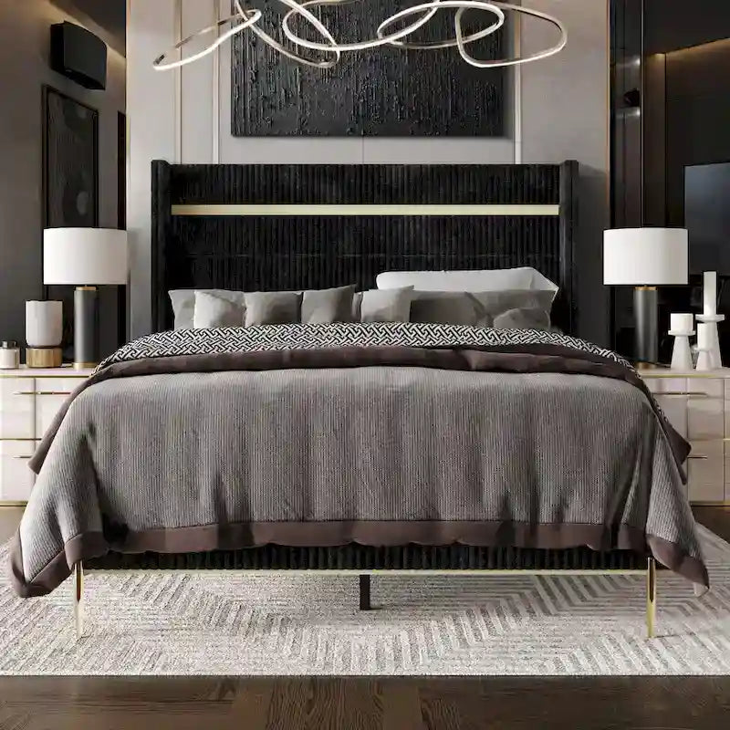 Corduroy Luxurious Gold PU Strip Wingback Velvet Upholstered Bed