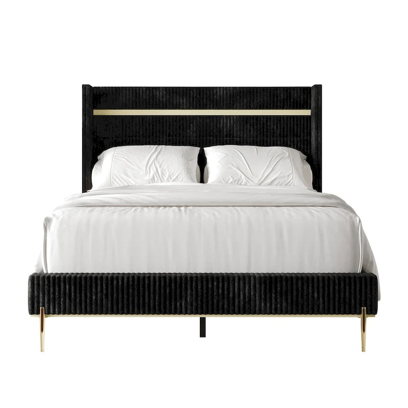Corduroy Luxurious Gold PU Strip Wingback Velvet Upholstered Bed