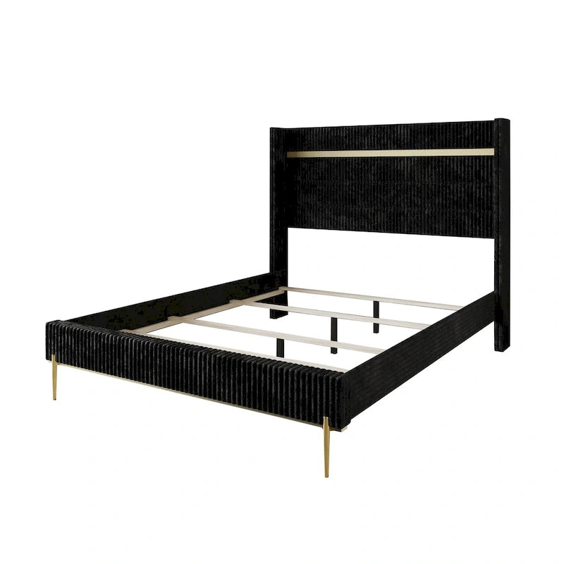 Corduroy Luxurious Gold PU Strip Wingback Velvet Upholstered Bed
