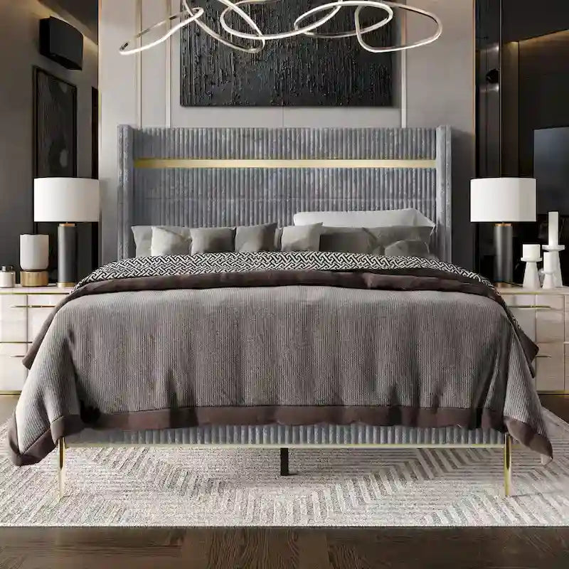 Corduroy Luxurious Gold PU Strip Wingback Velvet Upholstered Bed