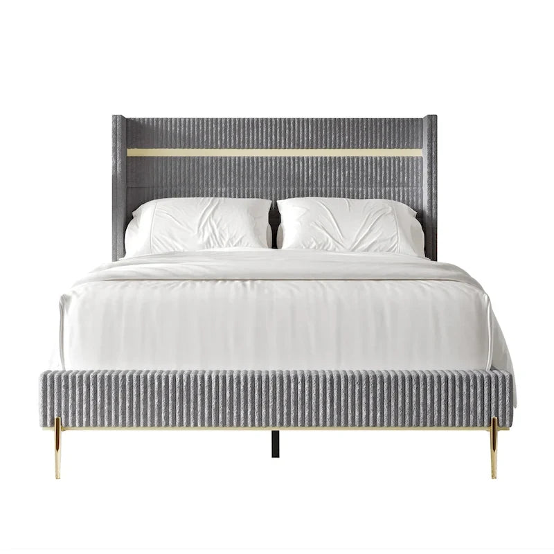 Corduroy Luxurious Gold PU Strip Wingback Velvet Upholstered Bed
