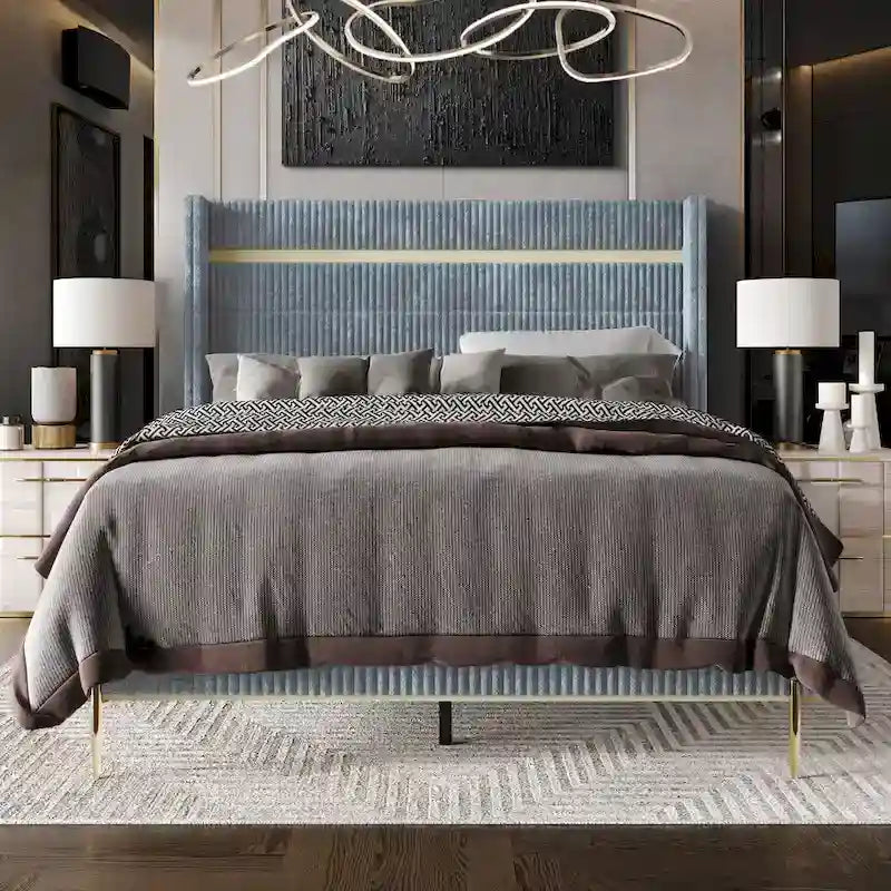 Corduroy Luxurious Gold PU Strip Wingback Velvet Upholstered Bed