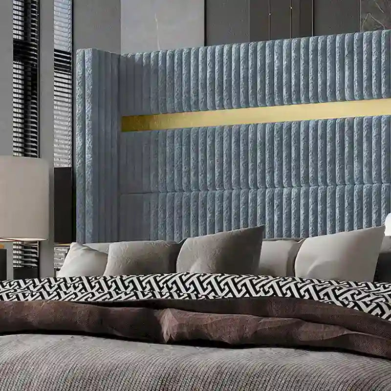 Corduroy Luxurious Gold PU Strip Wingback Velvet Upholstered Bed