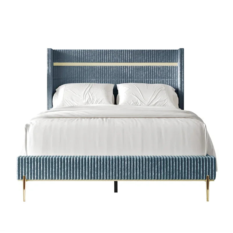 Corduroy Luxurious Gold PU Strip Wingback Velvet Upholstered Bed