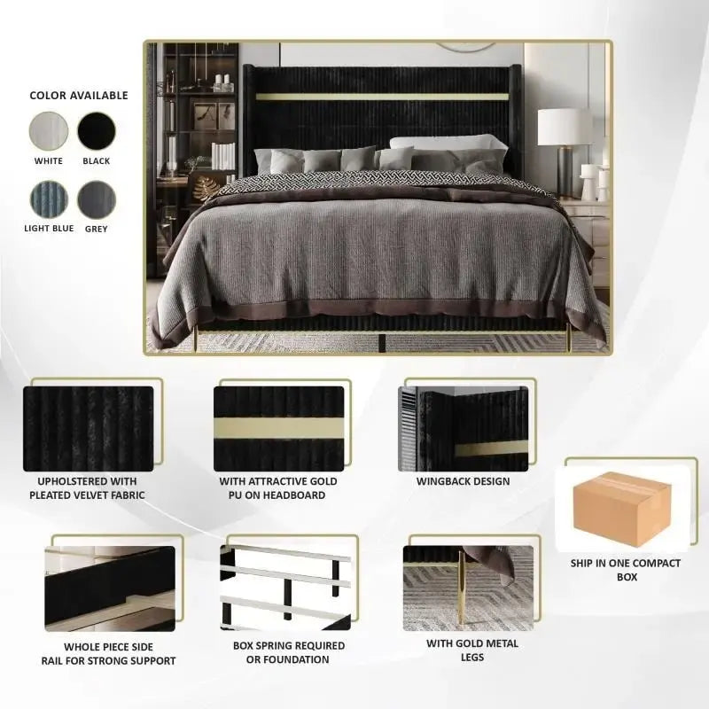 Corduroy Luxurious Gold PU Strip Wingback Velvet Upholstered Bed