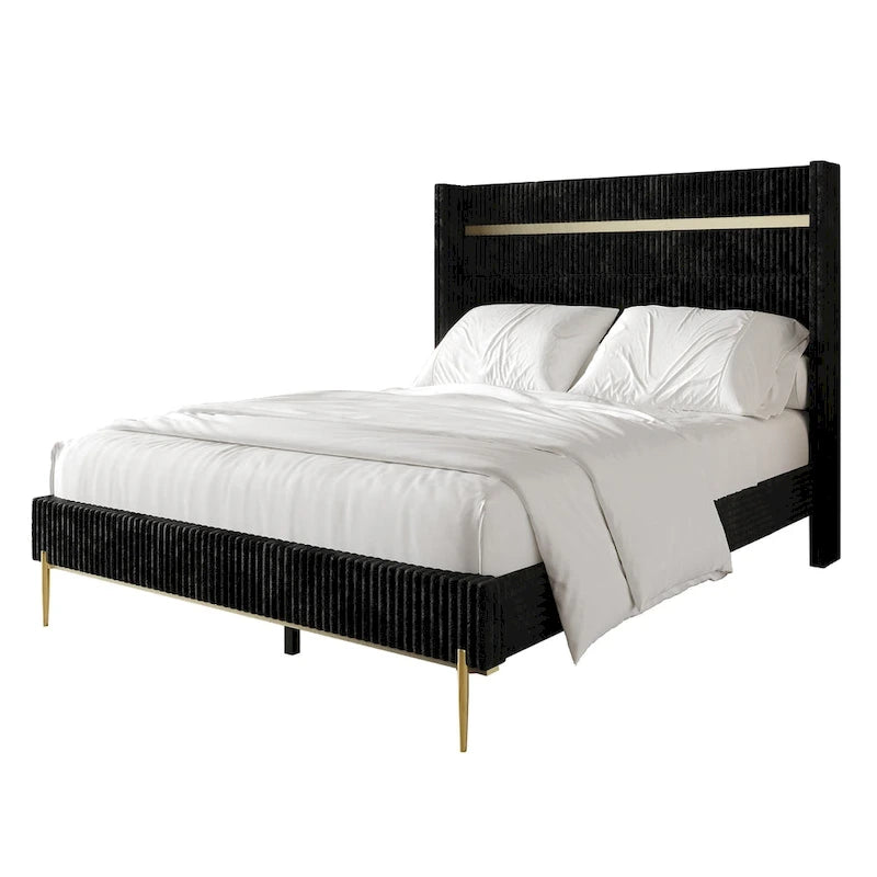 Corduroy Luxurious Gold PU Strip Wingback Velvet Upholstered Bed