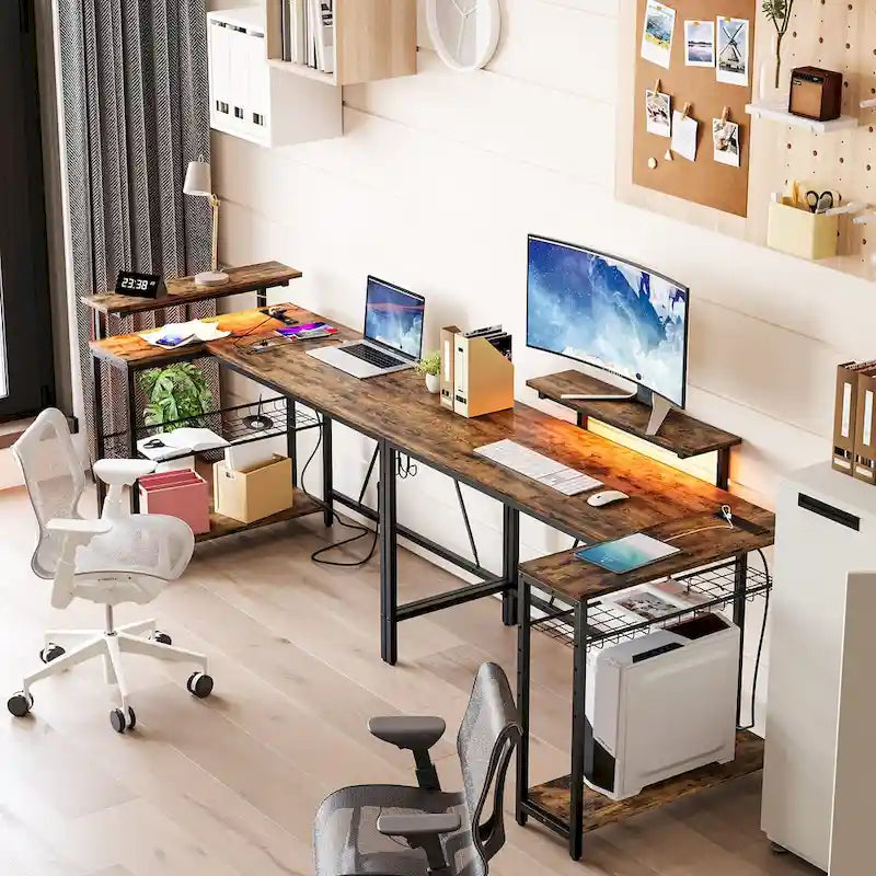 Reversible L Shaped Desk LED Computer Desk with Power Outlets and Monitor Stand Office Desk