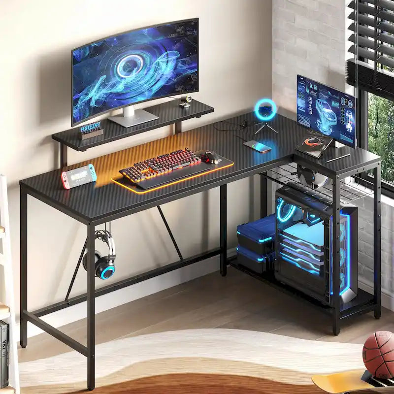 Reversible L Shaped Desk LED Computer Desk with Power Outlets and Monitor Stand Office Desk