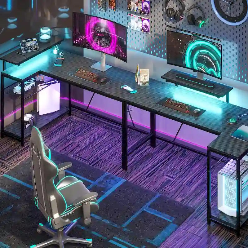 Reversible L Shaped Desk LED Computer Desk with Power Outlets and Monitor Stand Office Desk