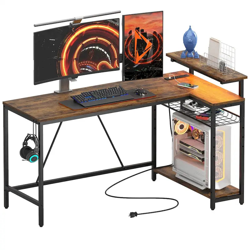 Reversible L Shaped Desk LED Computer Desk with Power Outlets and Monitor Stand Office Desk