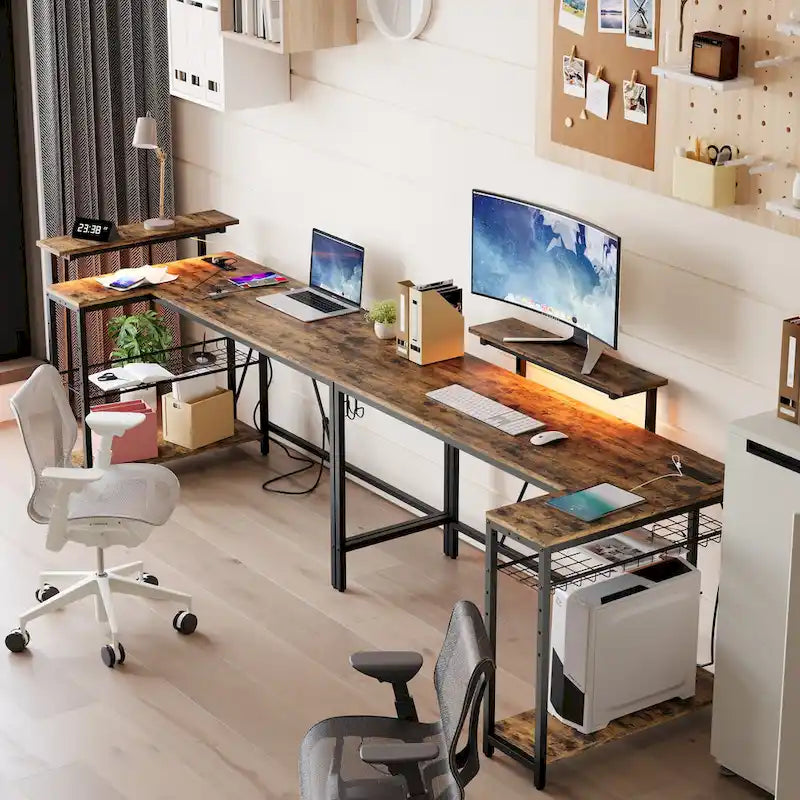 Reversible L Shaped Desk LED Computer Desk with Power Outlets and Monitor Stand Office Desk