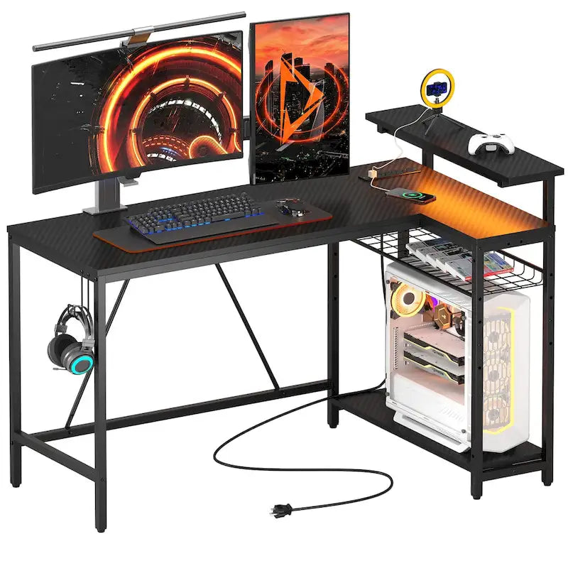 Reversible L Shaped Desk LED Computer Desk with Power Outlets and Monitor Stand Office Desk