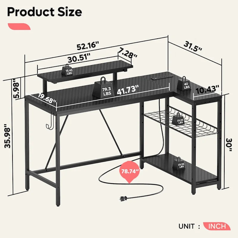 Reversible L Shaped Desk LED Computer Desk with Power Outlets and Monitor Stand Office Desk