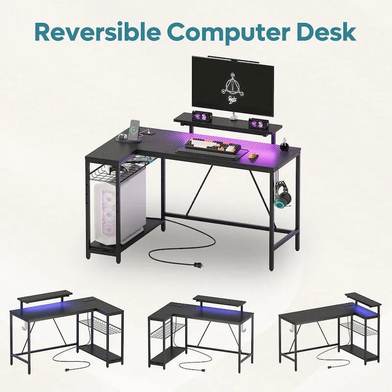 Reversible L Shaped Desk LED Computer Desk with Power Outlets and Monitor Stand Office Desk