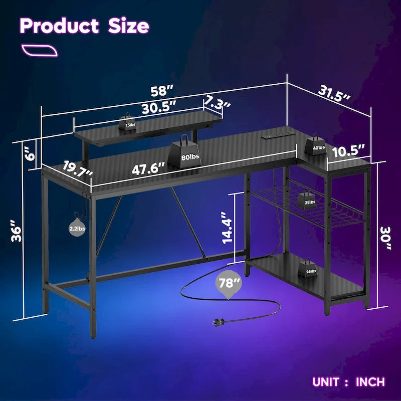 Reversible L Shaped Desk LED Computer Desk with Power Outlets and Monitor Stand Office Desk