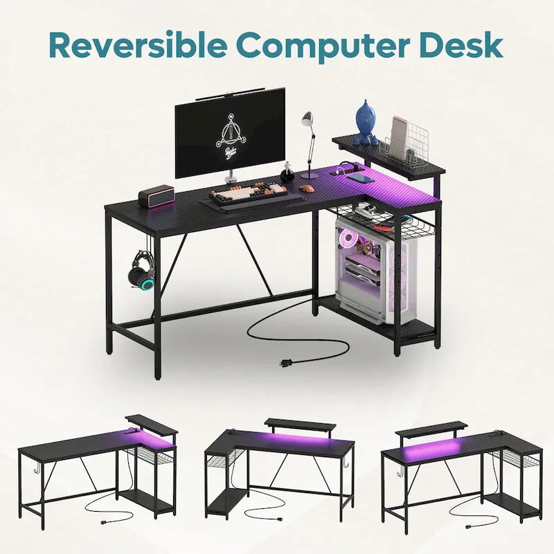 Reversible L Shaped Desk LED Computer Desk with Power Outlets and Monitor Stand Office Desk