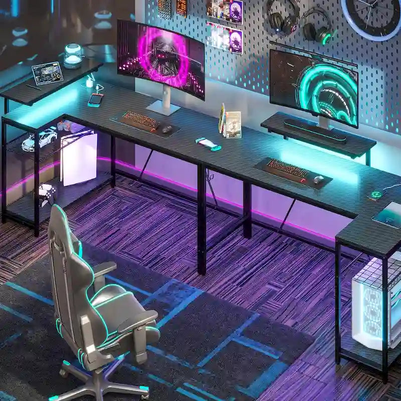 Reversible L Shaped Desk LED Computer Desk with Power Outlets and Monitor Stand Office Desk