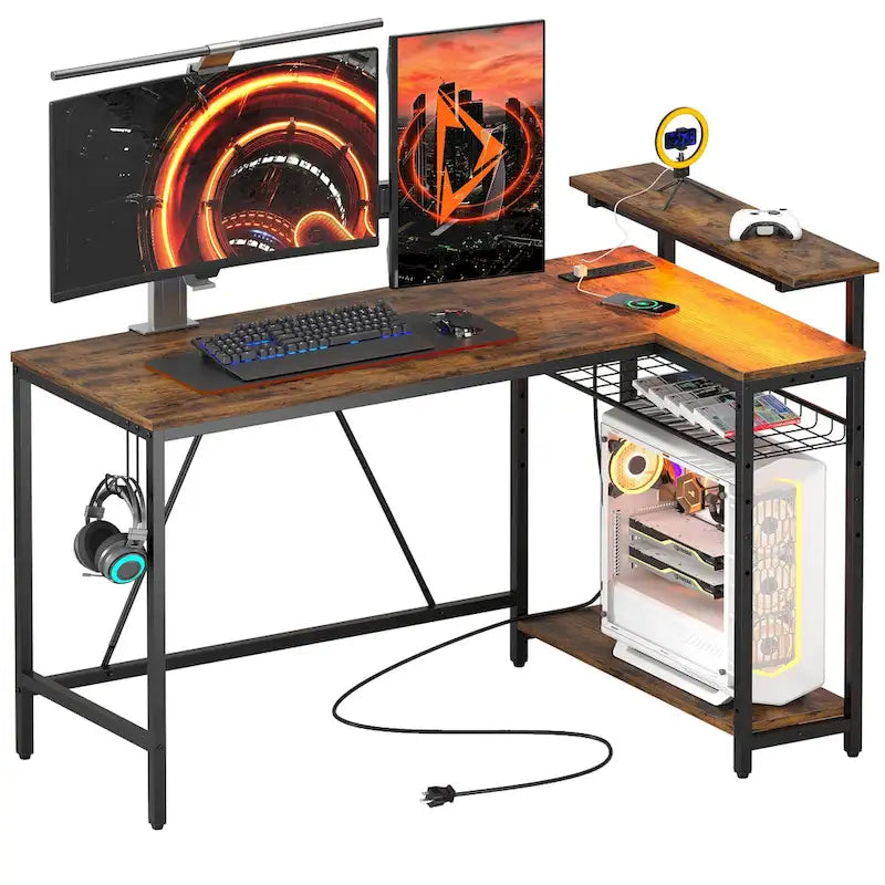 Reversible L Shaped Desk LED Computer Desk with Power Outlets and Monitor Stand Office Desk