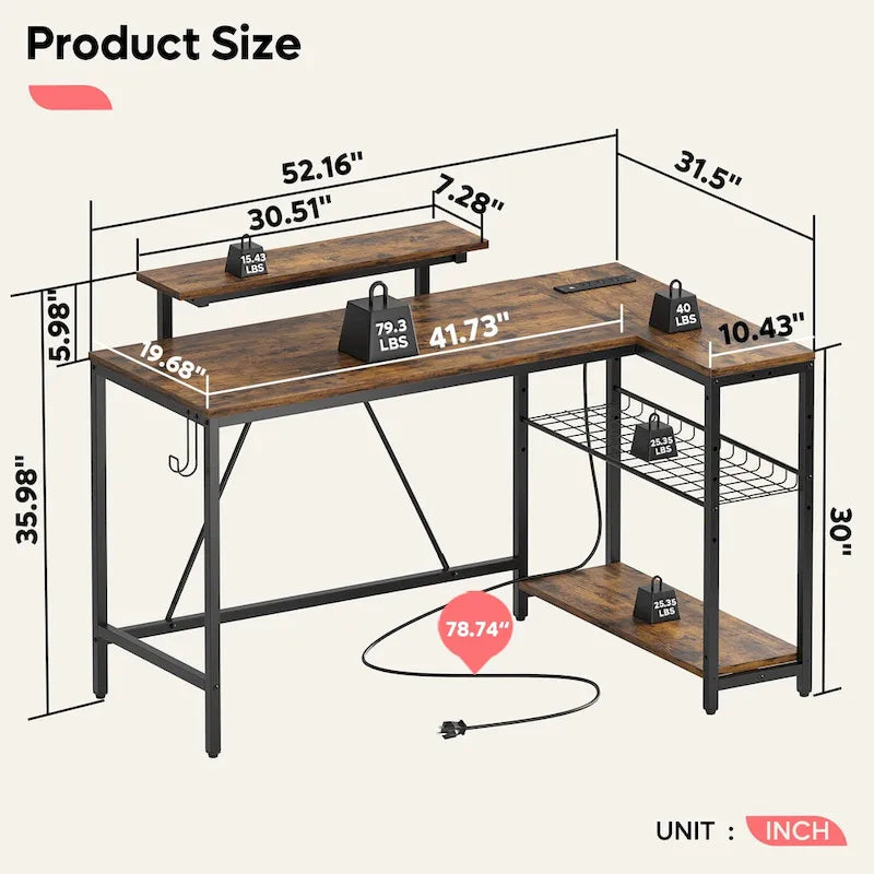 Reversible L Shaped Desk LED Computer Desk with Power Outlets and Monitor Stand Office Desk