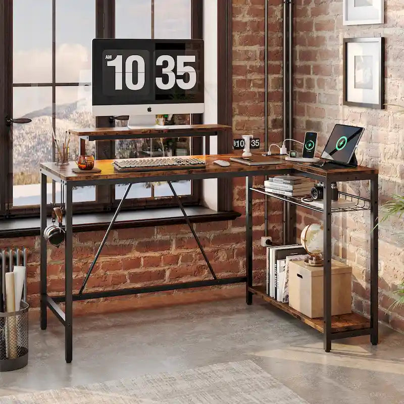Reversible L Shaped Desk LED Computer Desk with Power Outlets and Monitor Stand Office Desk