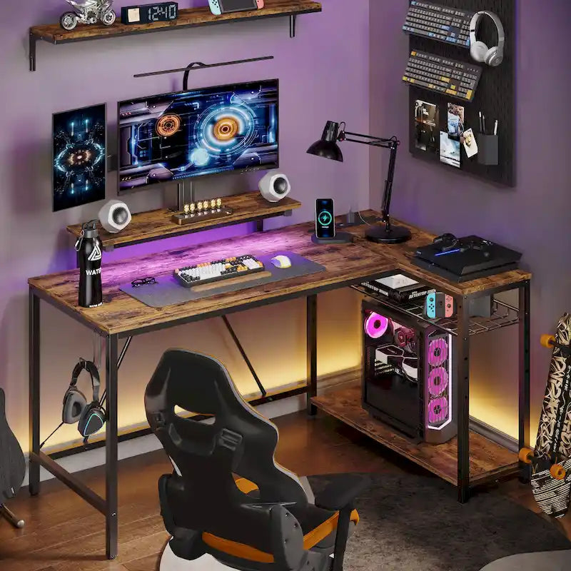 Reversible L Shaped Desk LED Computer Desk with Power Outlets and Monitor Stand Office Desk