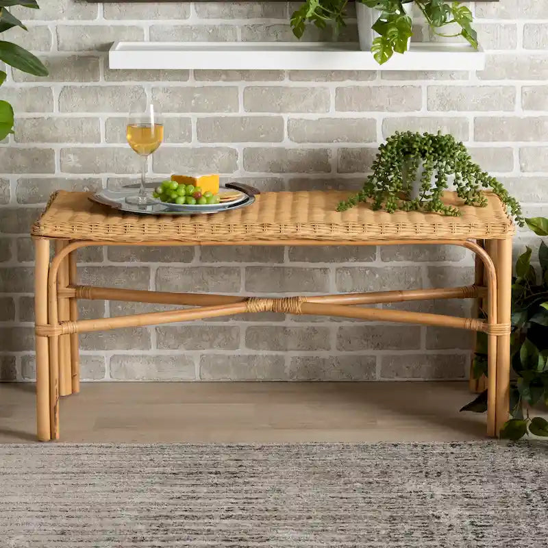 Modern Bohemian Natural Brown Rattan Accent Bench