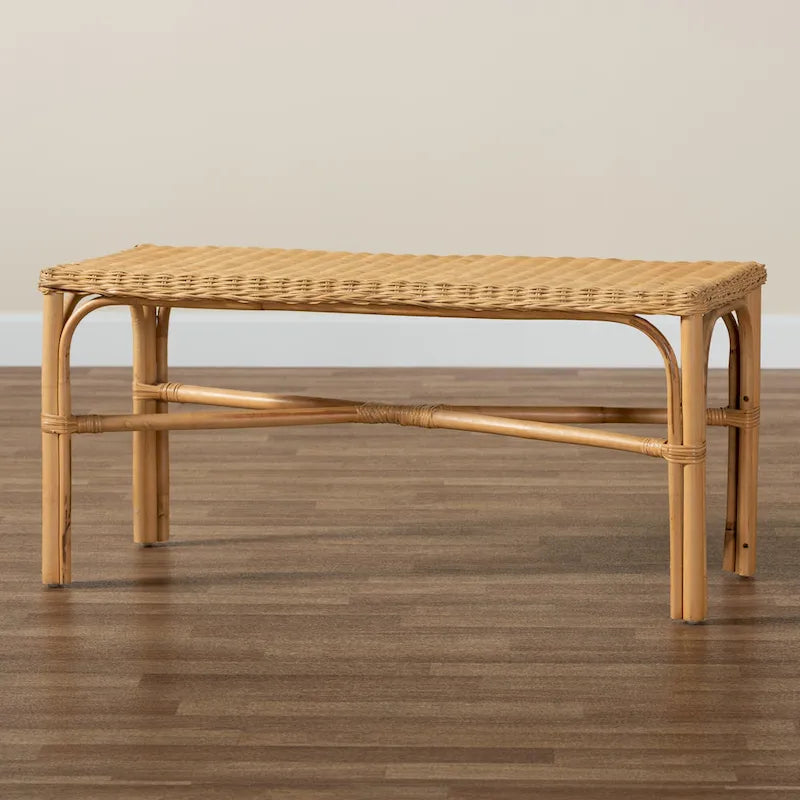 Modern Bohemian Natural Brown Rattan Accent Bench