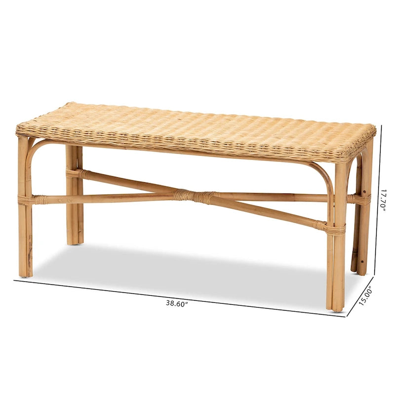 Modern Bohemian Natural Brown Rattan Accent Bench