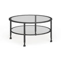 Distressed Black Metal Round Coffee Table with Glass Top and Shelf