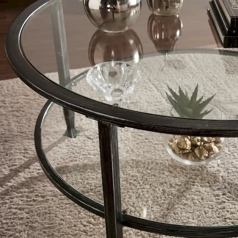 Distressed Black Metal Round Coffee Table with Glass Top and Shelf