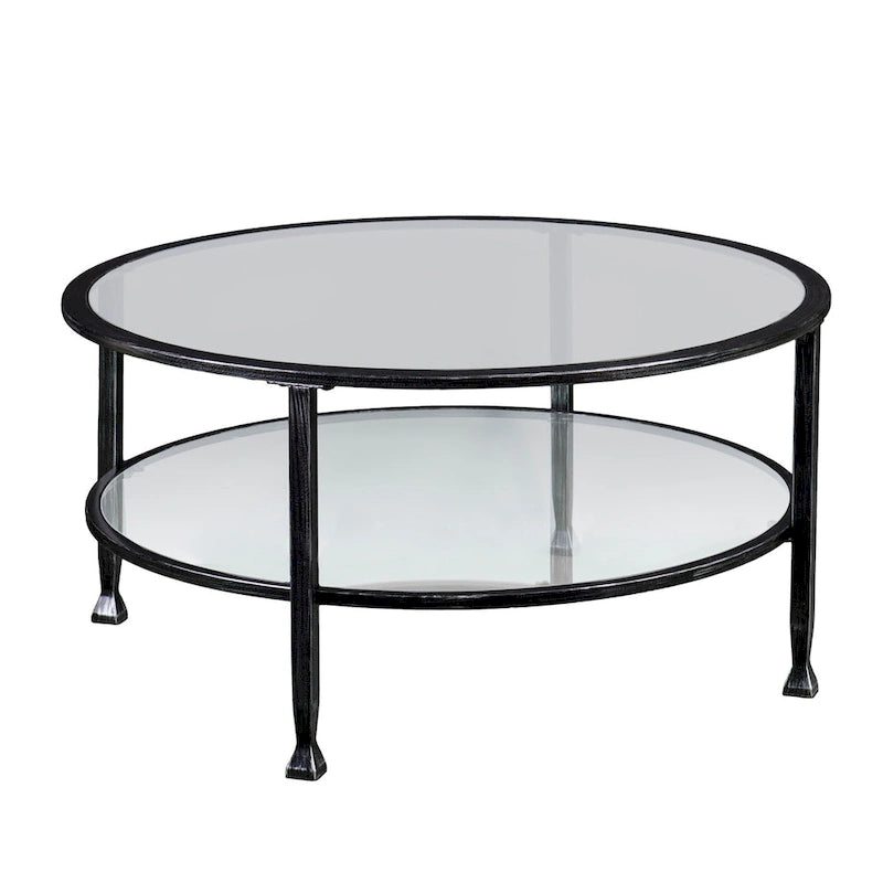 Glenn Distressed Black Metal Round Coffee Table with Glass Top and Shelf