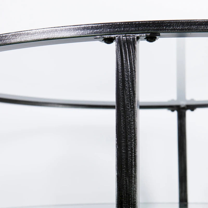 Distressed Black Metal Round Coffee Table with Glass Top and Shelf