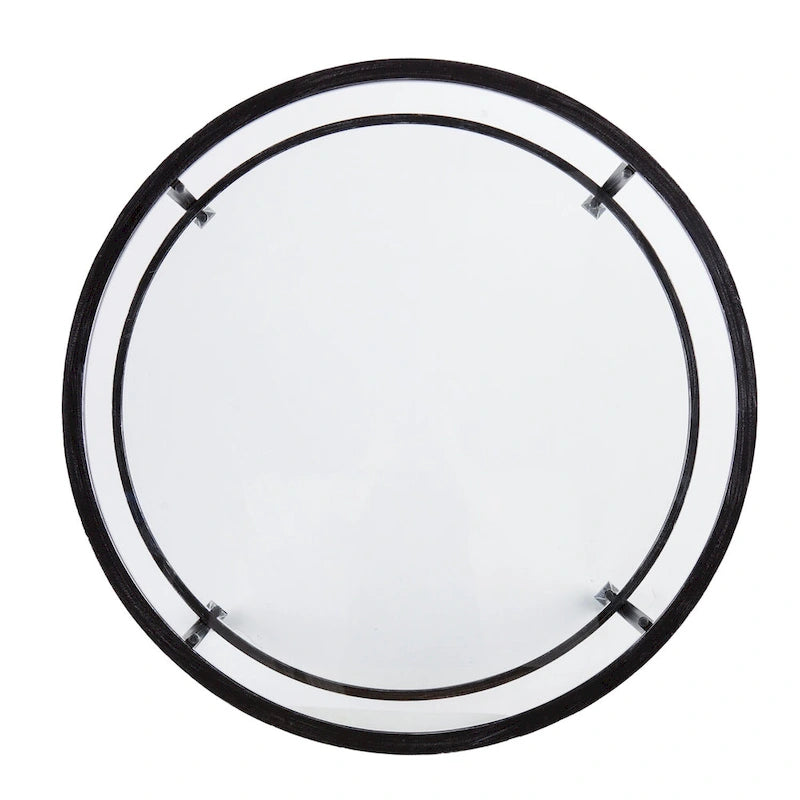 Distressed Black Metal Round Coffee Table with Glass Top and Shelf