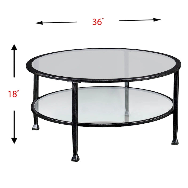 Distressed Black Metal Round Coffee Table with Glass Top and Shelf