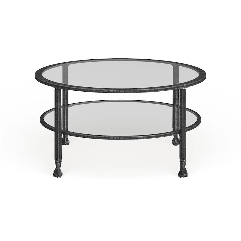 Distressed Black Metal Round Coffee Table with Glass Top and Shelf