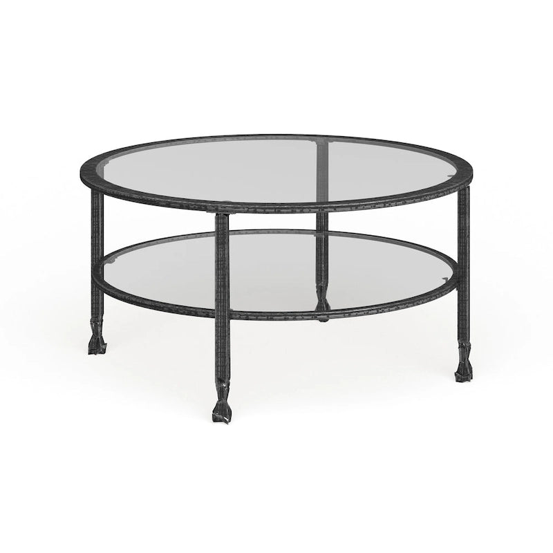 Distressed Black Metal Round Coffee Table with Glass Top and Shelf