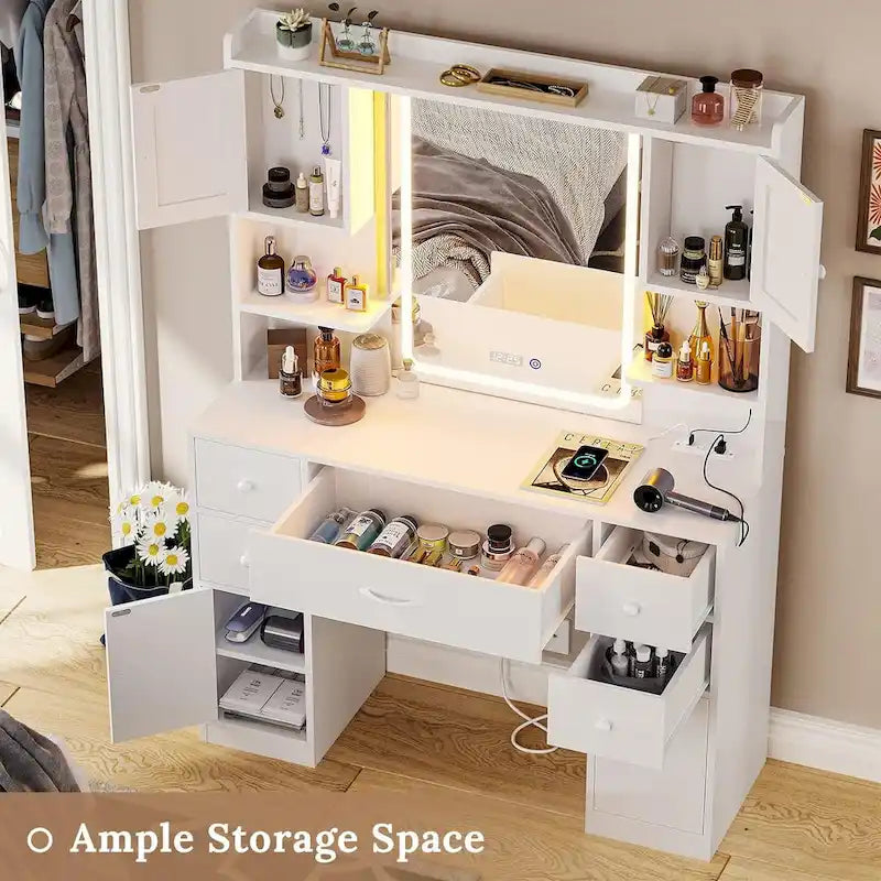 5 Drawers Vanity Desk Touch Screen Mirror Time Display Makeup Vanity