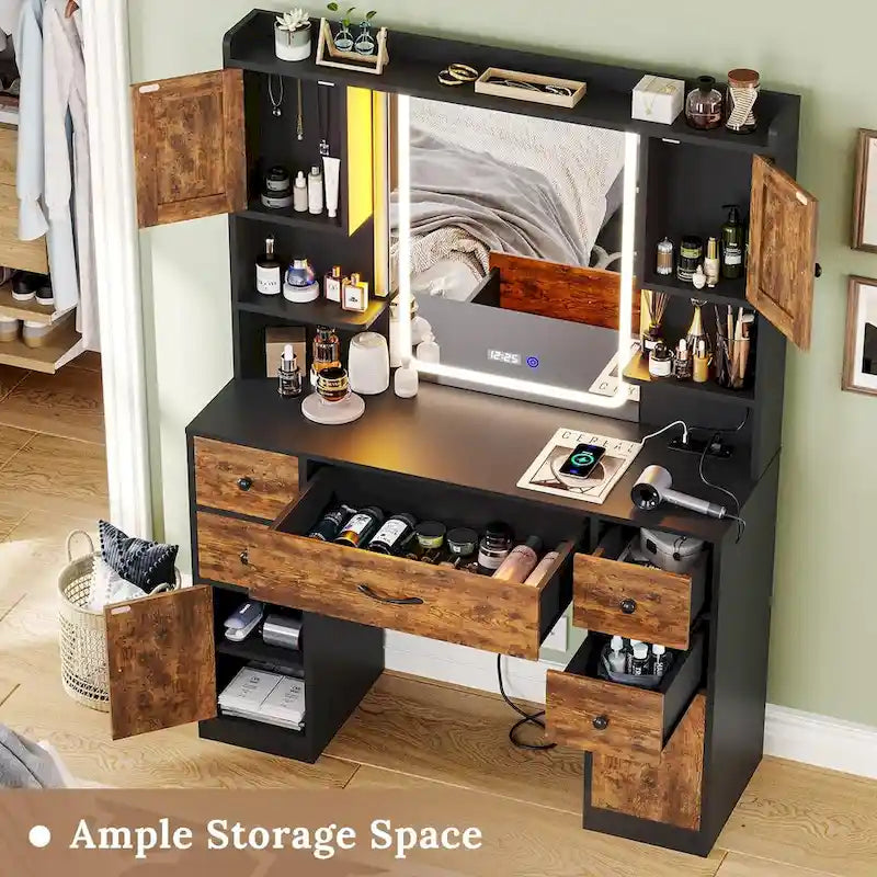 5 Drawers Vanity Desk Touch Screen Mirror Time Display Makeup Vanity