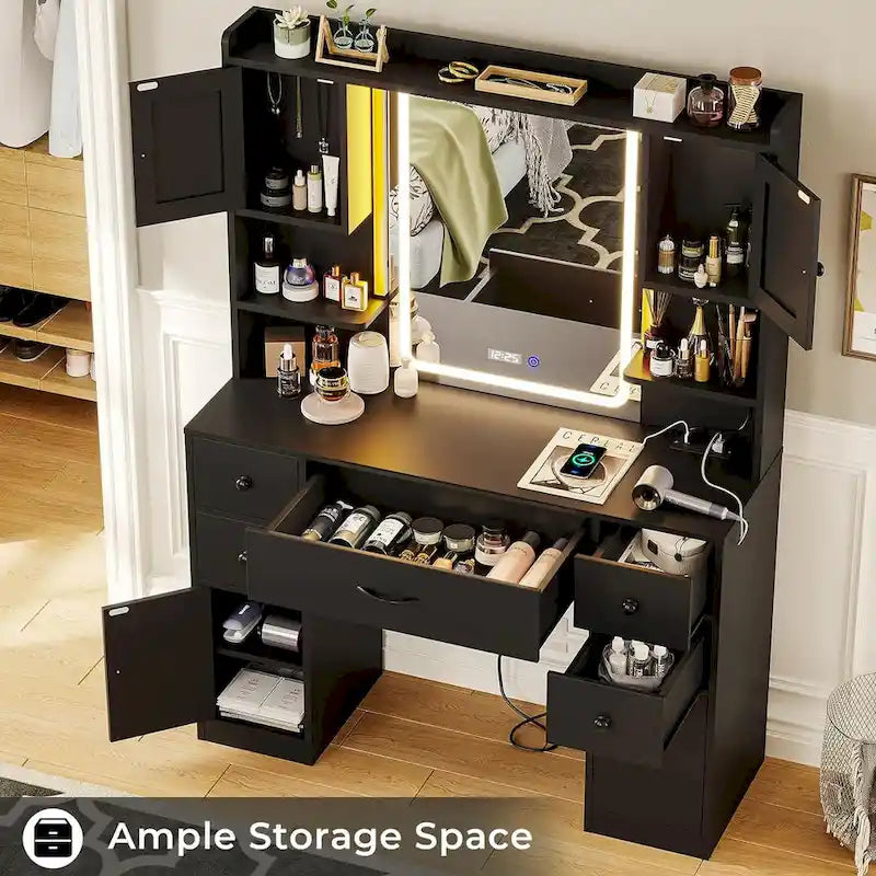 5 Drawers Vanity Desk Touch Screen Mirror Time Display Makeup Vanity
