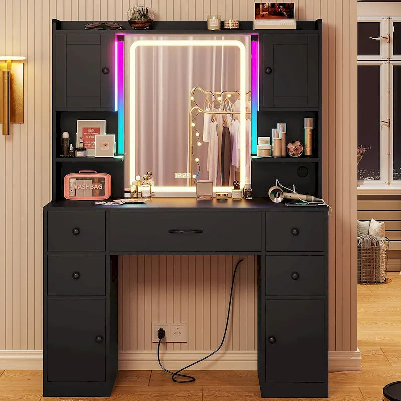 5 Drawers Vanity Desk Touch Screen Mirror Time Display Makeup Vanity